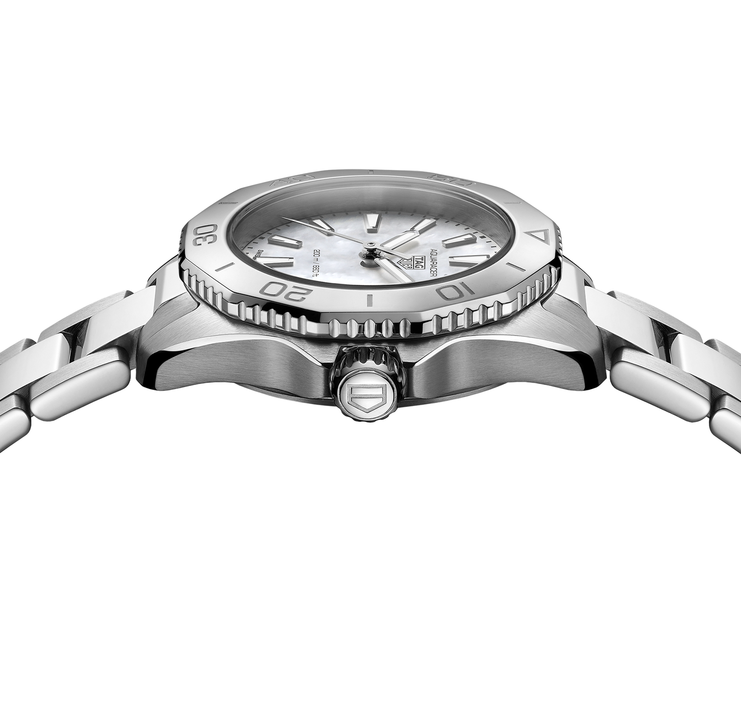 Crown Detail of TAG Heuer Aquaracer Professional 200 Watch with White Mother of Pearl Dial